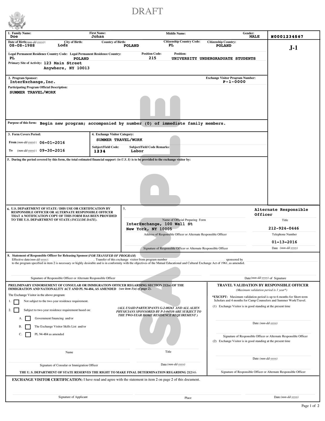 DS 2019 visa J1 sample пример визы США